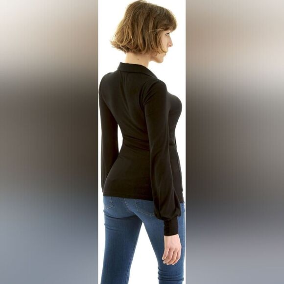 AmélieBoutik Women Tie Knot Front Bishop Sleeve Blouse Blue M - Picture 5 of 12